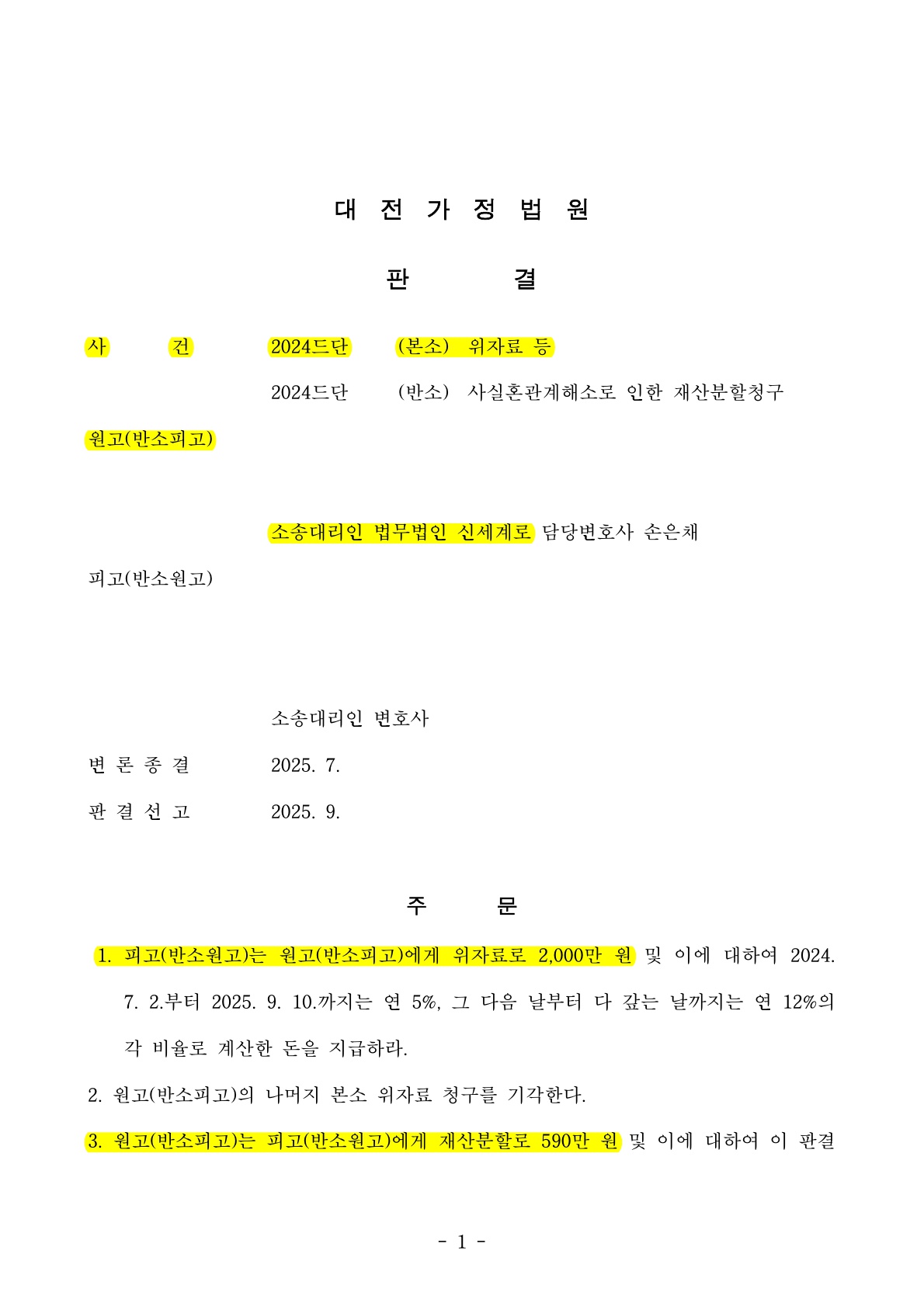 사실혼파탄으로 위자료 2천만원 인정, 의뢰인 부동산을 재산분할에 제외시켜 압도적으로 승소한 사례