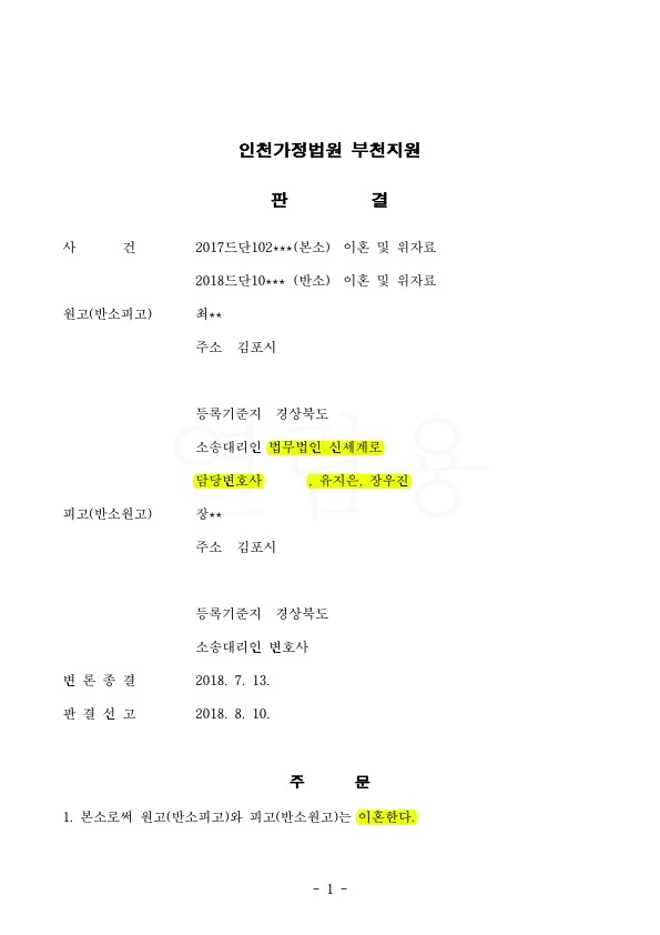 위자료 4000만원과 재산분할 50% 인정 승소판결