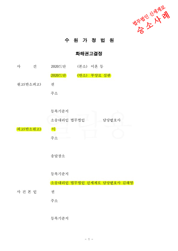 상대방의 이혼조정신청에 대해 부양료심판청구하여 이혼철회와 매월 250만원 부양료 지급하는 것으로 화해권고로 확정.