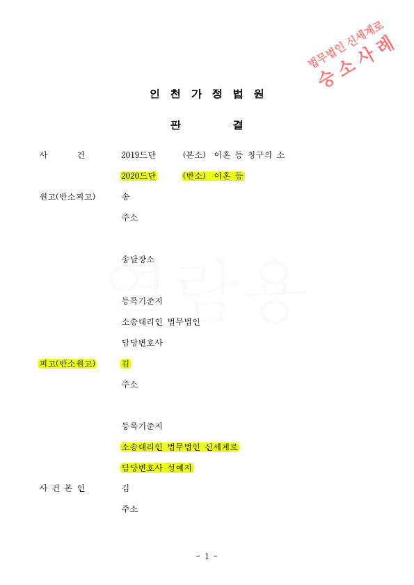 피고를 대리하여, 위자료 800만원으로 감액, 상대방의 분양받은 부동산을 재산분할에 포함시켜 재산분할 방어하고 이혼