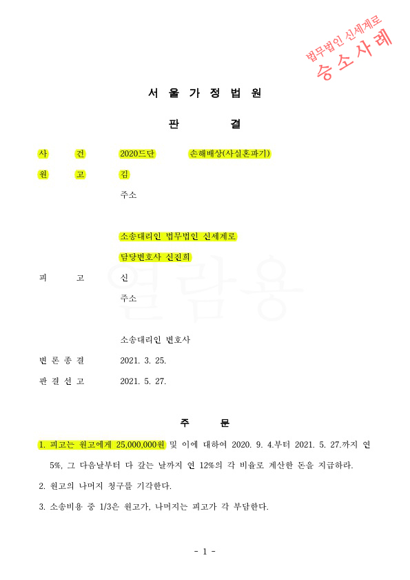 사실혼중 외도, 다른여자와 혼인신고한 상대방에게 위자료청구하여 2500만원 승소판결