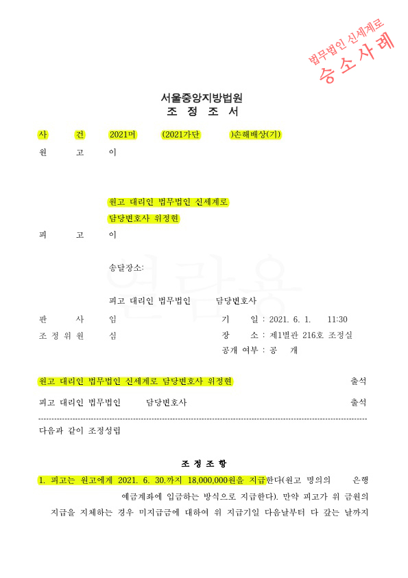 5년전의 외도사실로 상간남소송, 이혼하지 않고 상대가 구상권포기하는 조건으로 위자료 1800만원 받고 조정성립