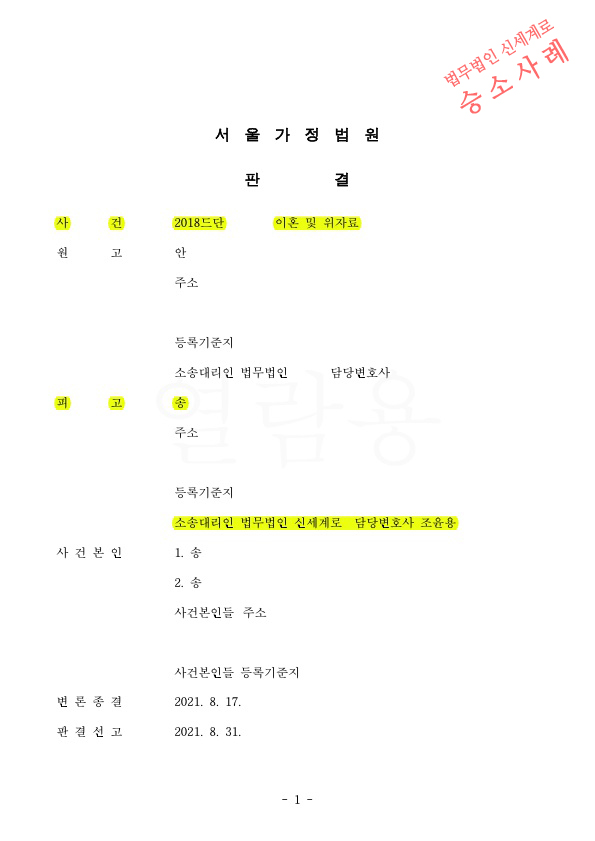 극심한 성격차이로 상대방이 이혼청구, 피고를 대리하여 이혼기각으로 승소