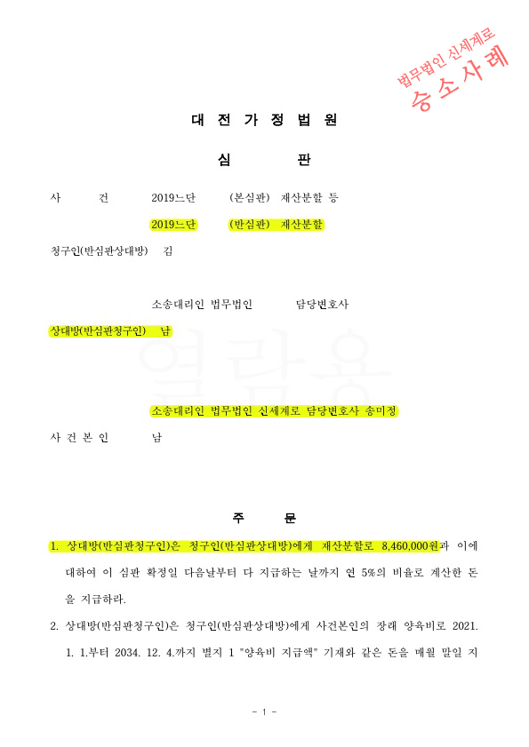 협의이혼후 재산분할 2억을 청구한 사안에 대해, 피고를 대리해 800만원만 지급하는것으로 승소 확정