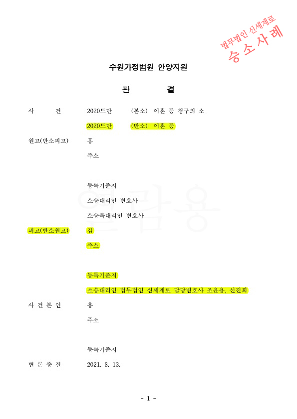 재산을 은닉한 상대방의 재산처분행위가 인정되었고, 재산분할 40%인정 받아 이혼승소