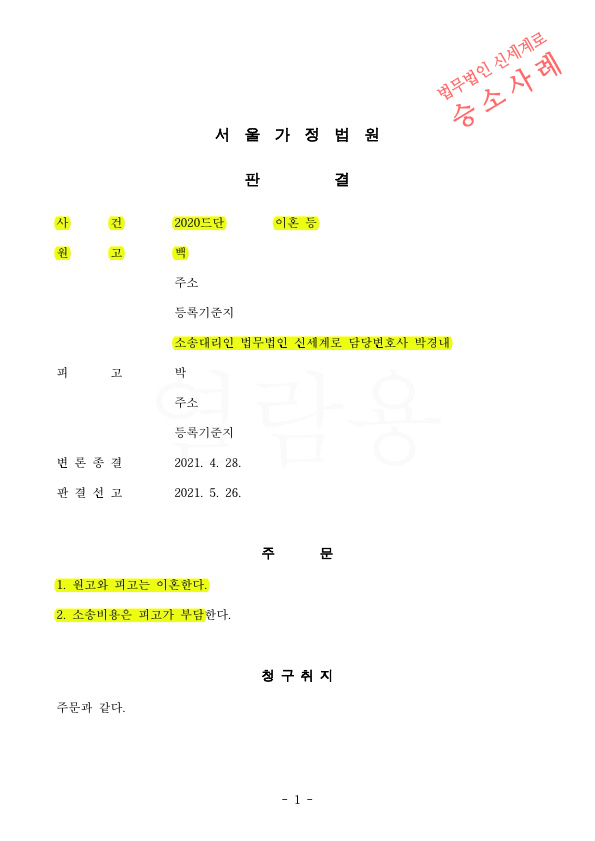 장기간별거로 인한 이혼청구, 상대방이 출석하지 않았음에도 이혼판결로 승소