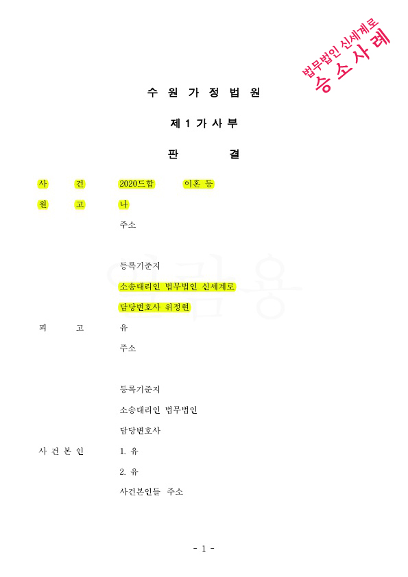 가정폭력피해로 이혼소송하여 위자료 1천만원과 재산분할 50%인정(3억1600만원)지급 받으며 이혼 승소판결