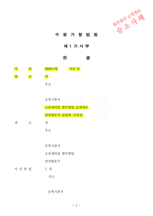 상대방의 잦은폭언으로 이혼청구하여, 재산분할 30%와 상대방의 면접교섭을 제한하는것으로 판결 승소