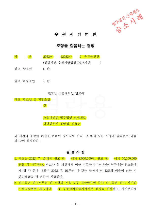 1심 유류분판결금액보다 항소심에서 1200만원 적게 지급하는 것으로 조정갈음, 확정