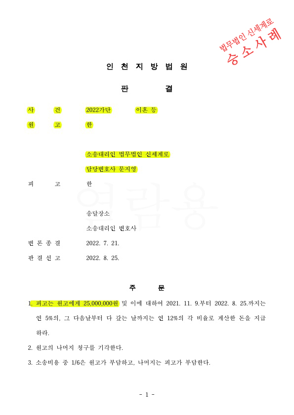 혼인유지중임에도 상간녀 위자료 2500만원인정 승소판결