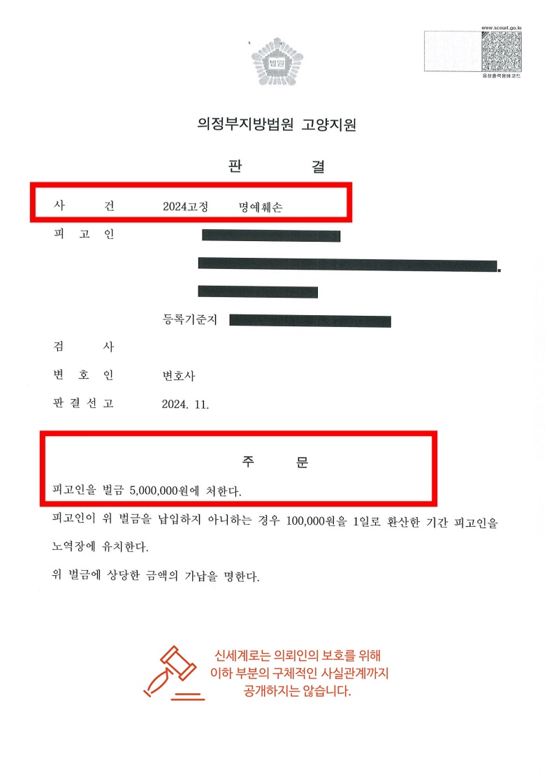 허위사실 적시로 의뢰인 고통, 상간녀에 대한 벌금형 선고[명예훼손승소사례]